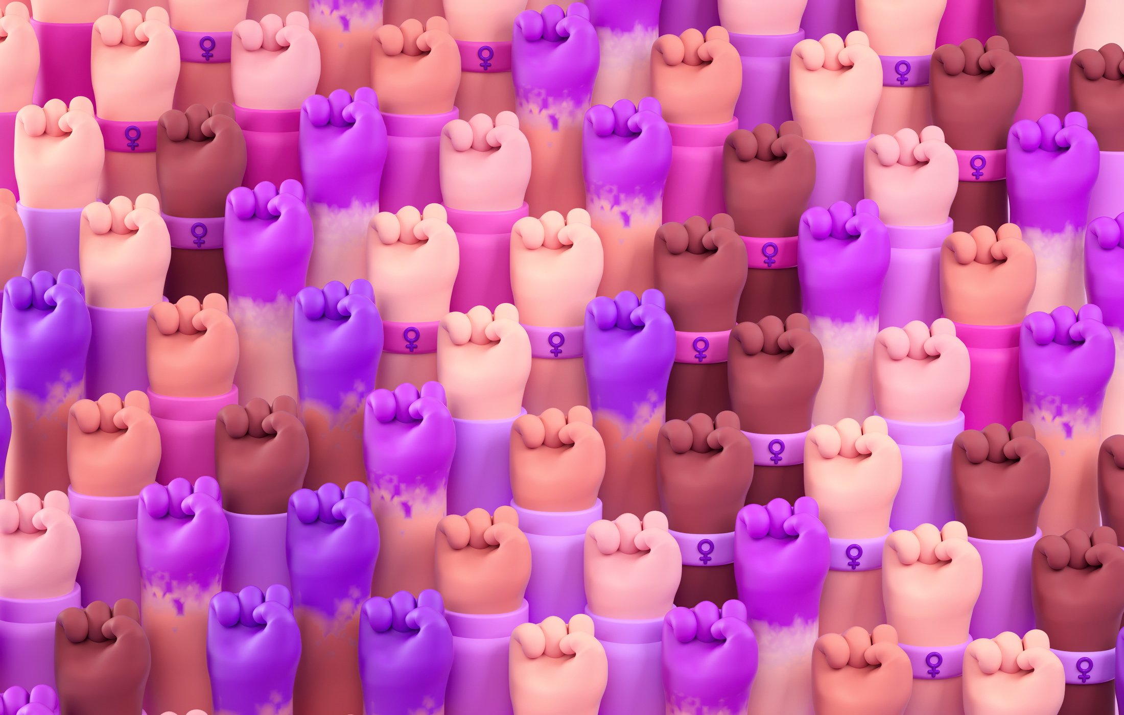 Multi ethnic raised fists of women for International Womens Day and the feminist activism in 3D cartoon illustration. March 8 for independence, empowerment, and movement for women rights
